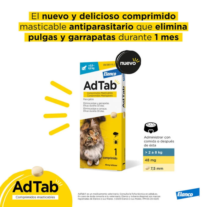 Adtab Masticable Antiparasitario de 48mg para Gatos de 2-8Kg