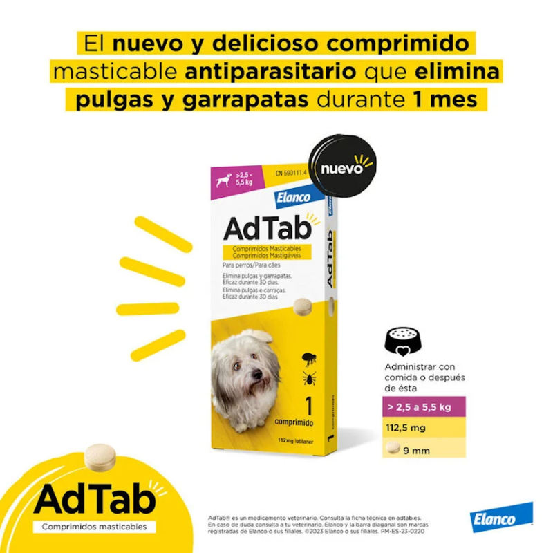 Adtab 1 Comprimido Masticable Antiparasitario de 112mg para Perros de 2,5-5,5Kg