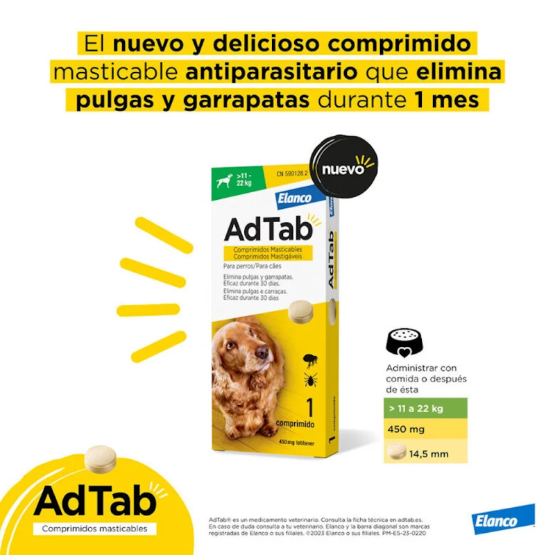 Adtab 1 Comprimido Masticable Antiparasitario de 450mg para Perros de 11-22Kg