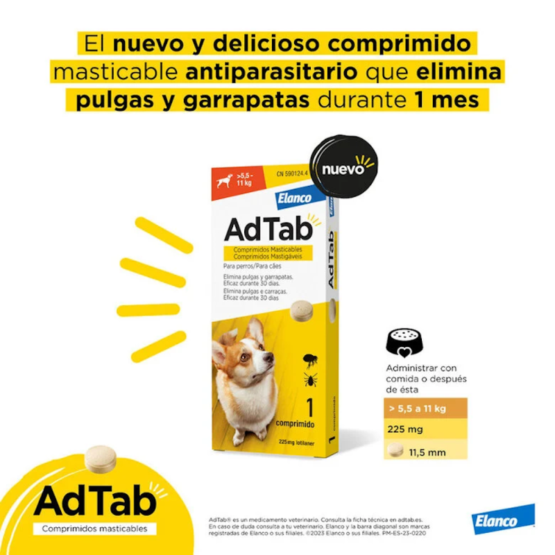 Adtab 1 Comprimido Masticable Antiparasitario de 225mg para Perros de 5,5-11Kg