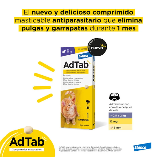 Adtab 1 Comprimido Masticable Antiparasitario de 12mg para Gatos de 0,5-2Kg